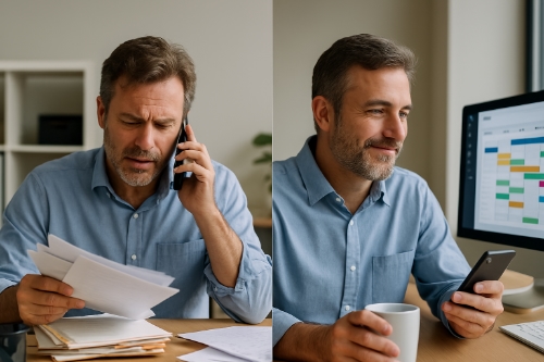 Frustrated Customer - Man with beared with his hand on his forehead sitting at his messy desk, trying to figure out how to manage the increasing demands of operations.